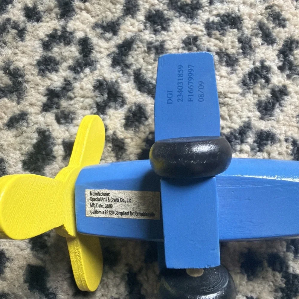 Wooden Toy Airplane Blue Yellow Propeller Spins Kids Play Decor 2009